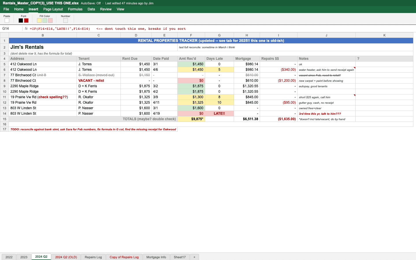 A property investment spreadsheet with disconnected calculations and tracking fields