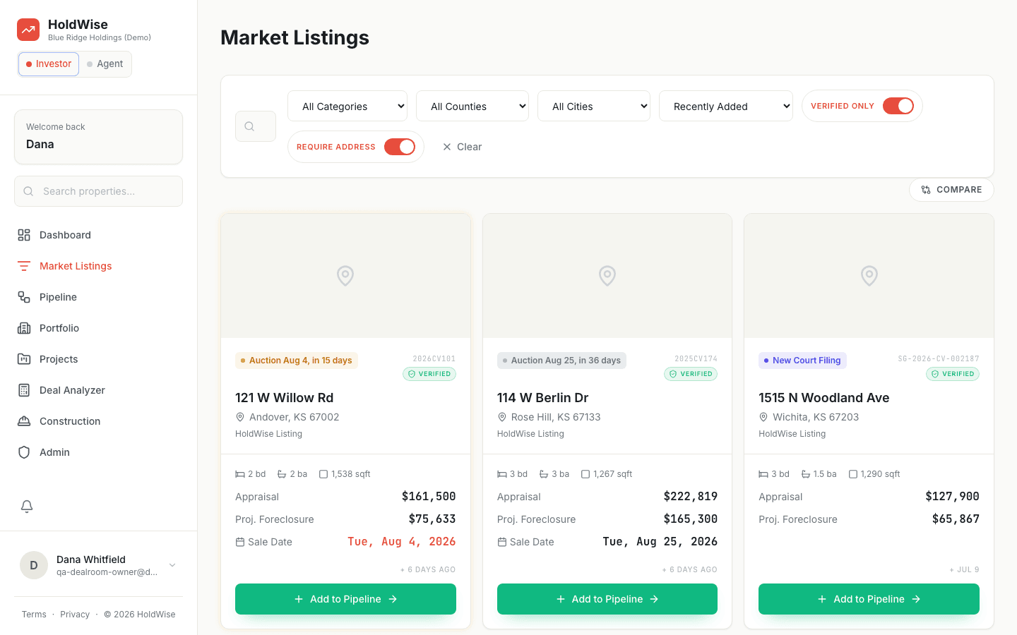 HoldWise discovery dashboard showing active real estate opportunities