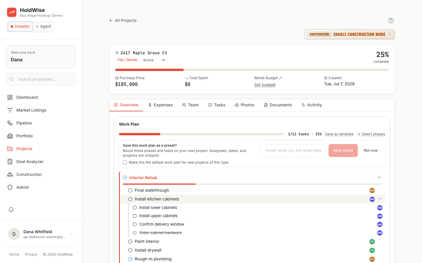 HoldWise construction project view connecting scope, budget, and execution